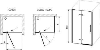 Двухстворчатая душевая дверь Ravak COSD2-100, профиль черный, прозрачное стекло