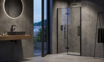Двухстворчатая душевая дверь Ravak COSD2-110, профиль черный, прозрачное стекло